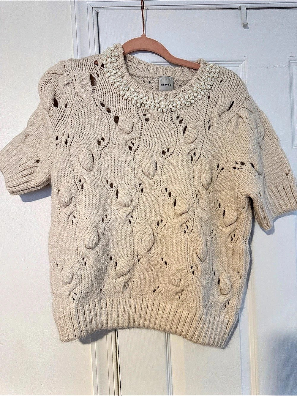 maeve Pearl Necklace Cable Sweater Tee Cream